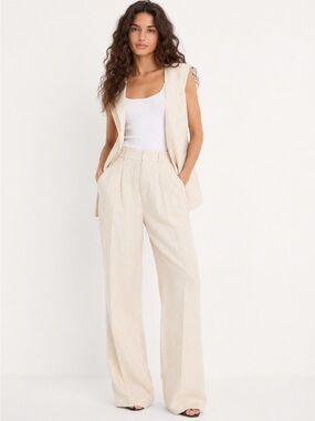 Good American Linen Pants Tailored High-Rise Wide-Leg in Light Cream MSRP $168